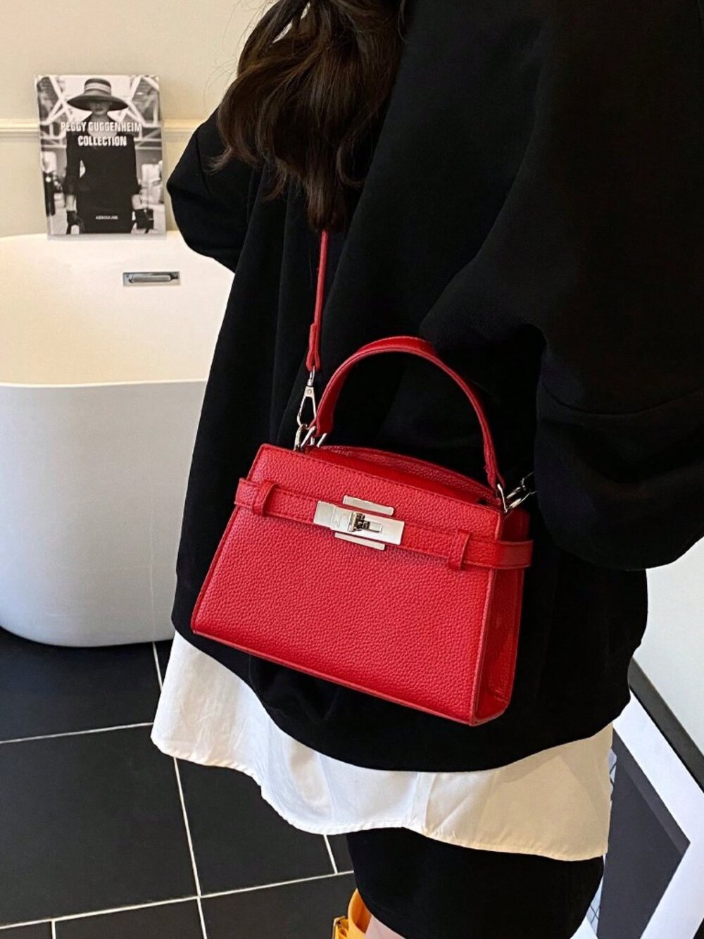 Red Modern Women's Handbag with Crossbody Shoulder Strap and Hardware Lock - Picture 3 of 5